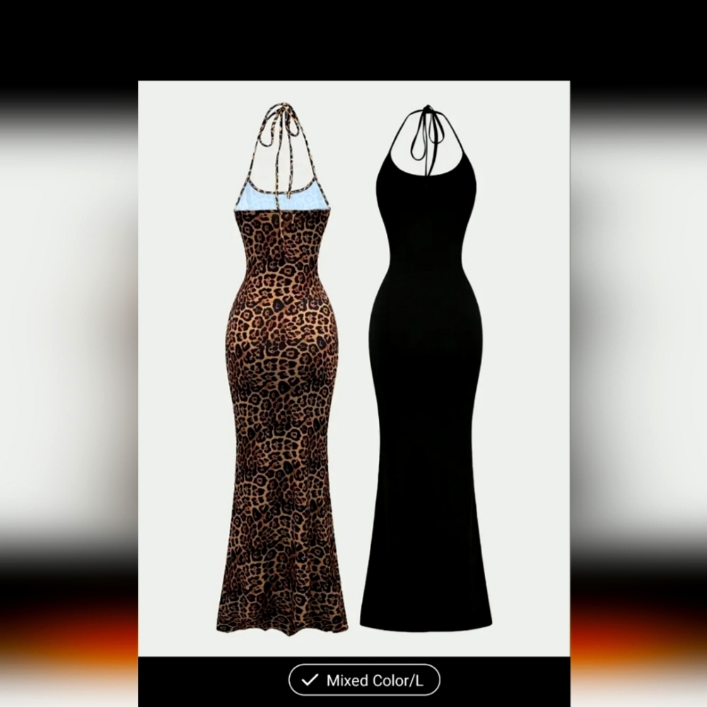 Leopard Print and Black Halter Maxi Dress